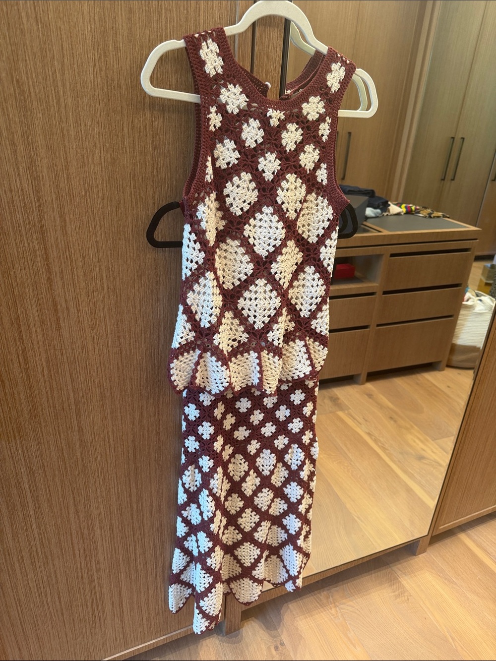LaLa Von Crochet Two-Piece Maxi Dress in Burgundy and Cream